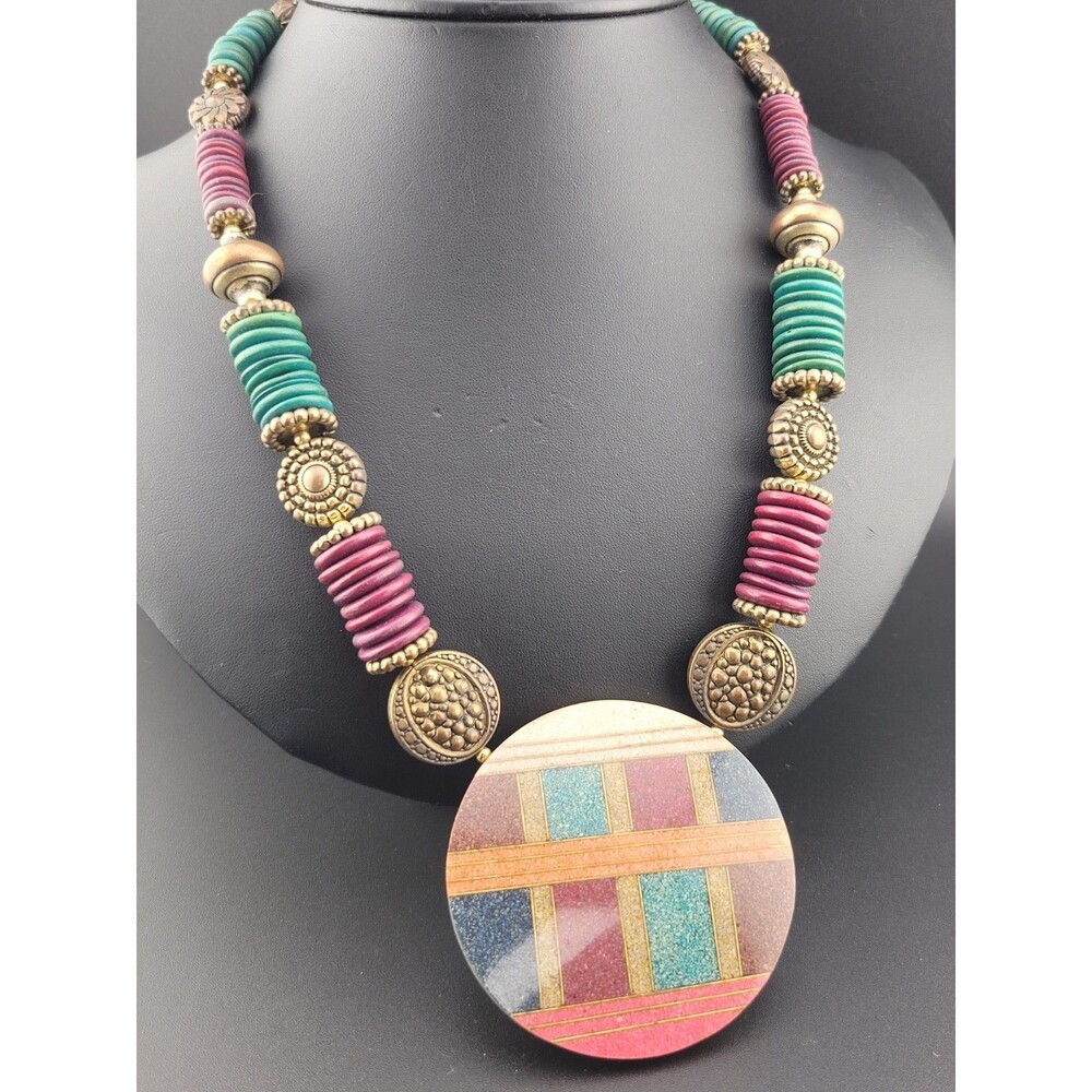 Colorful Vintage Lee Sands Crushed stone Mosaic Pendant Wood Bead 21" Necklace